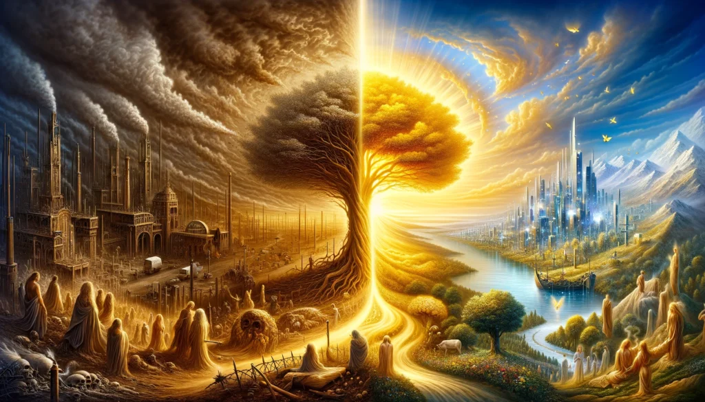 DALL·E 2024 03 27 21.02.55 Visualize the transformation from the Iron Age to the Golden Age capturing the essence of spiritual rebirth and the triumph of truth. The image trans